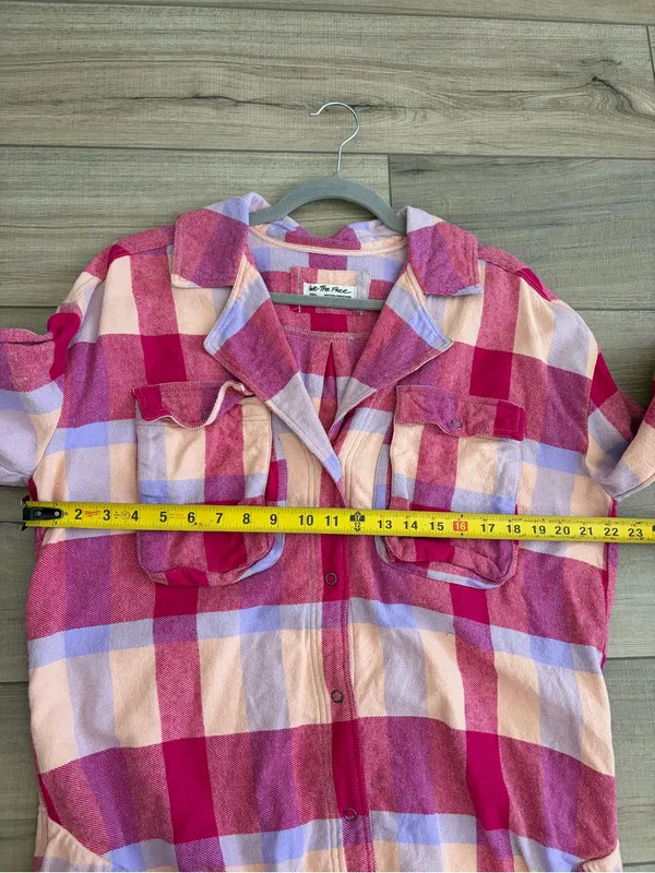 Free People We The Free Izzie Buffalo Check Plaid Cargo Flannel Shirt Pink Red S - Image 7