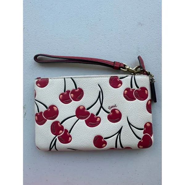 NWOT Coach Chalk Multi Cherries Pebble Leather Essential Small Wristlet - Image 4