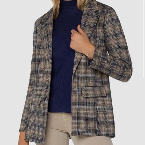 Liverpool Los Angeles Plaid Boyfriend Blazer Blue Beige Women’s Size S Classic - Image 6