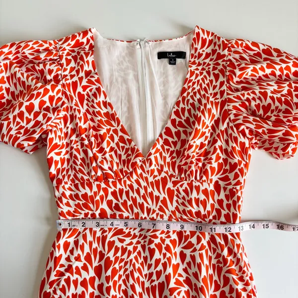 Lulus Love Is In The Flair Red Orange Heart Print Midi Dress Women’s Small NWT - Image 6