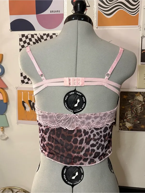 Y2K Pink Lace Leopard Mesh Bustier Cami Top Size M - Image 6