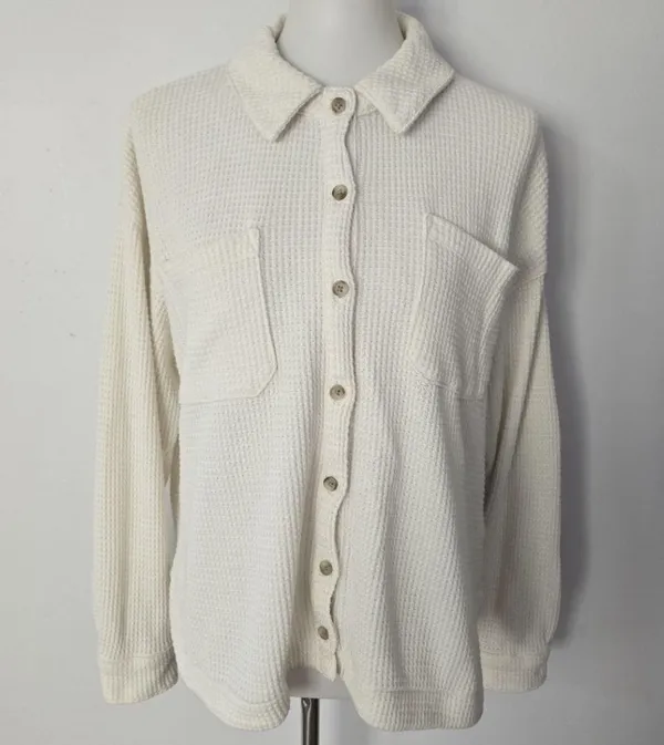 Madewell Cream Waffle Knit Shirt-Jacket Size Medium - Image 2