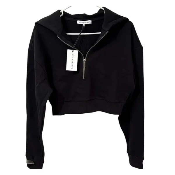 NWT WeWoreWhat Cropped Half Zip Fleece Cotton Hoodie Long Sleeve Small Black - Image 13