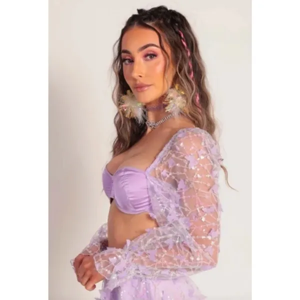 IHeartRaves Purple Sequin Floral Puff Sleeve Underwire Crop Bra Top Size XS - Image 2