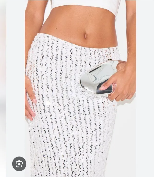 Pretty Little Thing NWT Silver Sequin Embellished Low Rise Drapey Maxi Skirt 6 - Image 3