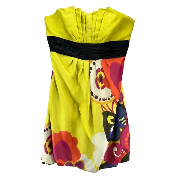 Kay Unger Y2K Dress 14 Chartreuse Yellow‎ Strapless Silk Floral Pleated Cocktail - Image 2
