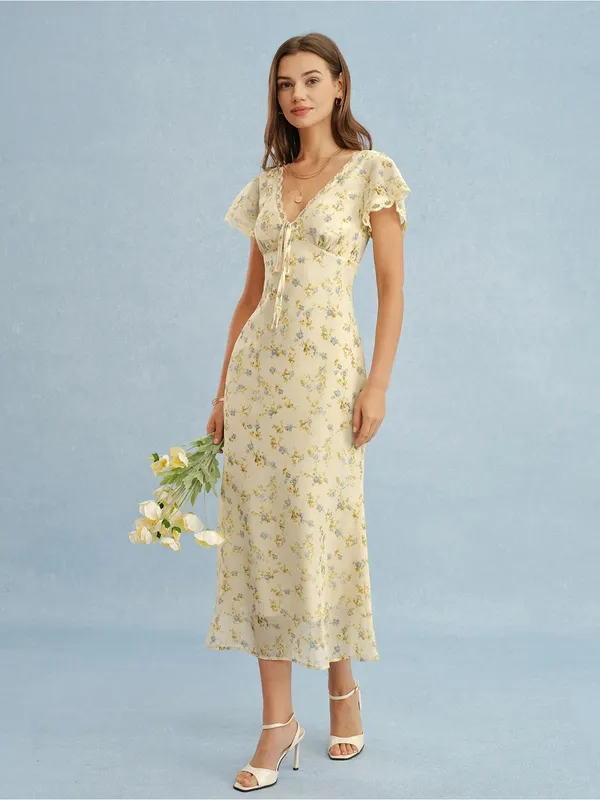 Rihoas Yellow V Neck Lace Floral Maxi Dress - Image 5