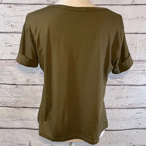 T-Shirt Cropped Olive Green w Folded Sleeves-Medium - Image 2