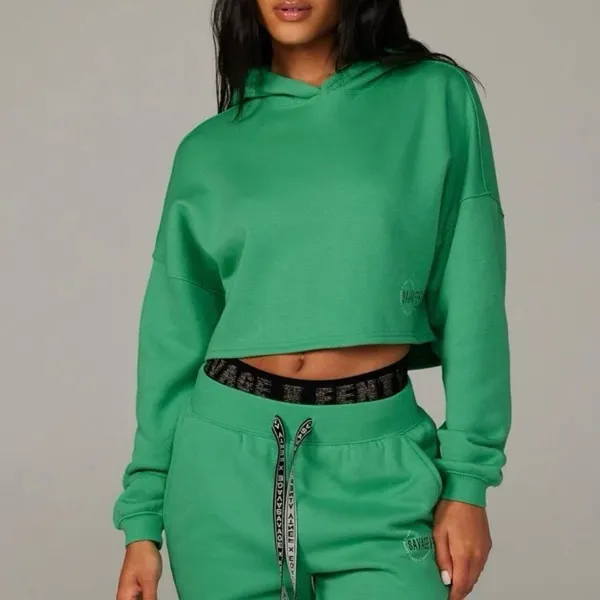 Savage X Fenty Essential Fleece‎ Scope Logo Cropped Hoodie Sweatshirt Green XL - Image 2