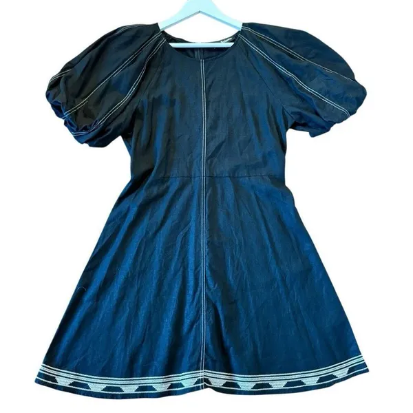 Anthropologie En Saison black embroidered puff sleeve exposed stitching dress large - Image 10