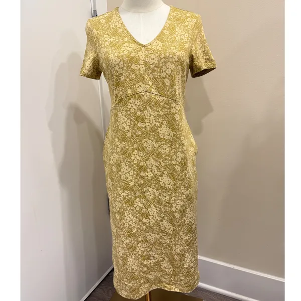 Pact Organic Cotton Floral Fit and Flare V-Neck Midi Dress Chartreuse Yellow S - Image 2