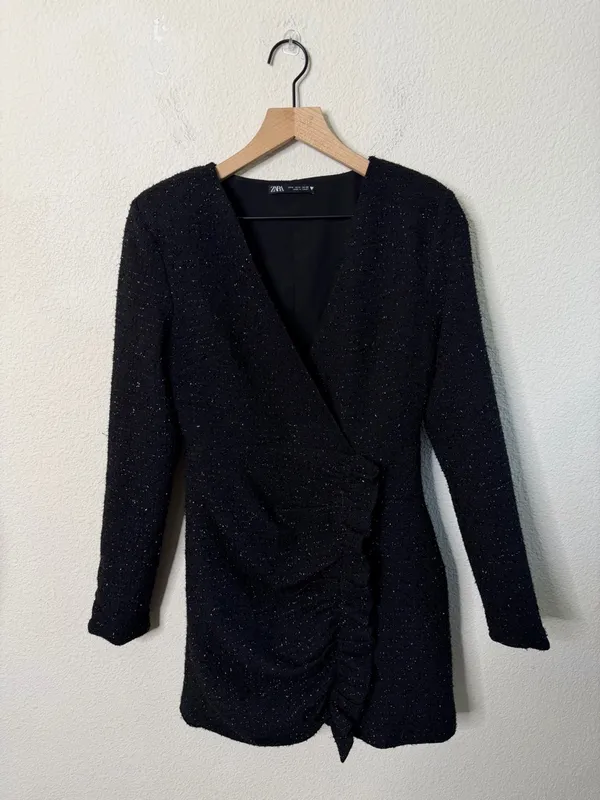 Zara Dress Size Womens Textured Mini‎ Weave Tweed Black Blazer Ruffle Dress M - Image 3