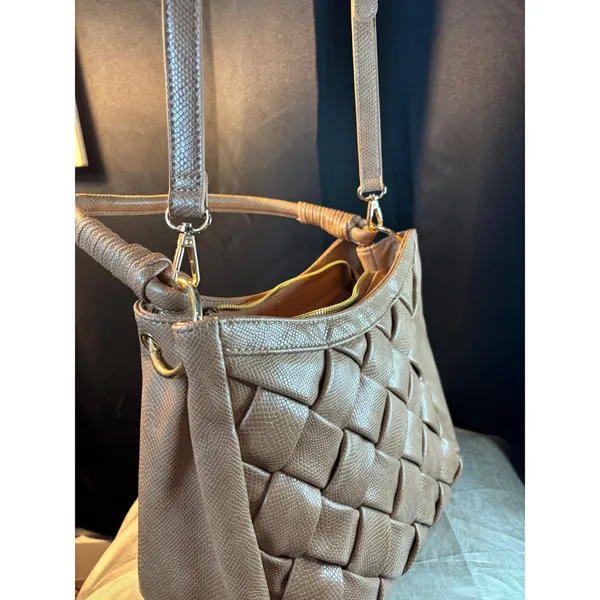 Like Dreams Tan Snake Embossed Woven Shoulder Bag Crossbody Gold Hardware - Image 2