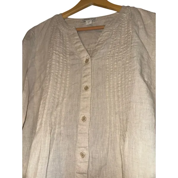 Coldwater Creek 100% Linen Tan Cream‎ Button Up Top Small Pintuck Lightweight - Image 2
