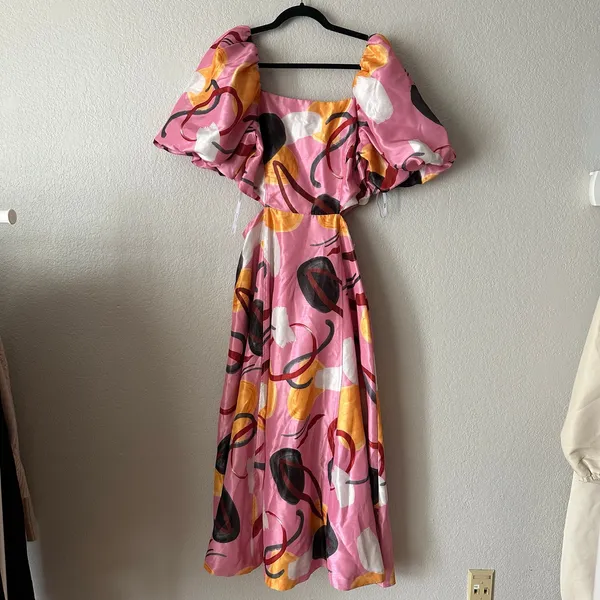 Aureta Anthropologie Studio Printed Puff Sleeve Maxi Cut Out Dress Pink Abstract - Image 3