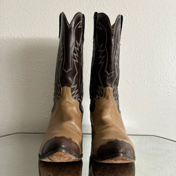 Vintage Brown Tan Leather Western Festival Wingtip Mid Calf Heeled Cowboy Boots - Image 11