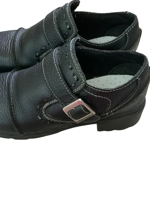 Milwaukee motorcycle women’s biker shoes black leather grunge buckle & stitching - Image 3