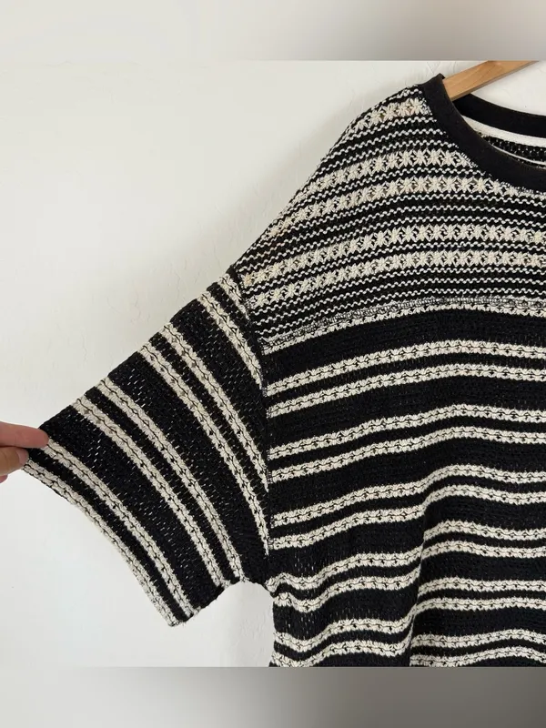 Free People We The Free Fun in the Sun Black & Cream Striped Star Knit Top - Image 5