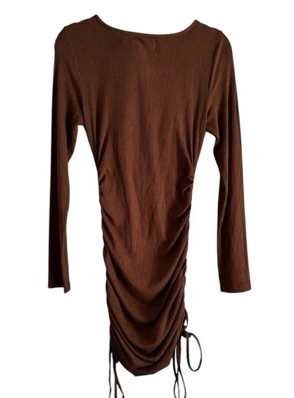Princess Polly Brown Neive Long Sleeve Ribbed Ruched Mini Dress Size 6 - Image 5