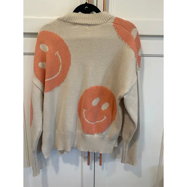 By Together Boho cream fairy Orange Smiley Face Knit Sweater Cozy Casual Size S winter - Image 5