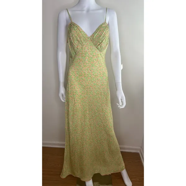 Topshop Floral Satin Ruched Bust Maxi Dress Green Pink Size 6 - Image 3
