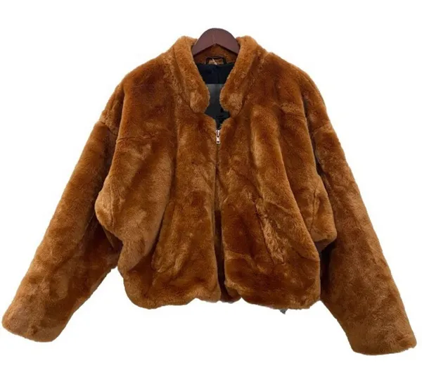 Free People $168 Faux Fur Furry Bomber Jacket Terracotta Golden Brown Size S - Image 4