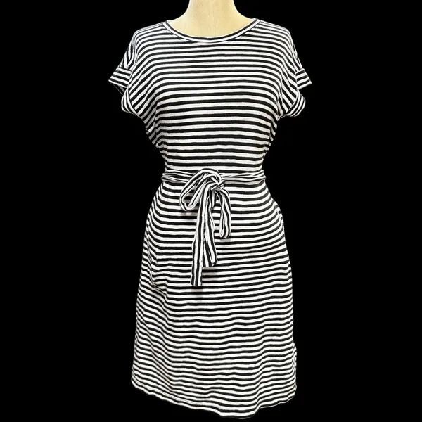 J.Crew S Black White Striped T-Shirt Dress Tie Waist‎ Short Sleeve 100% Cotton - Image 2