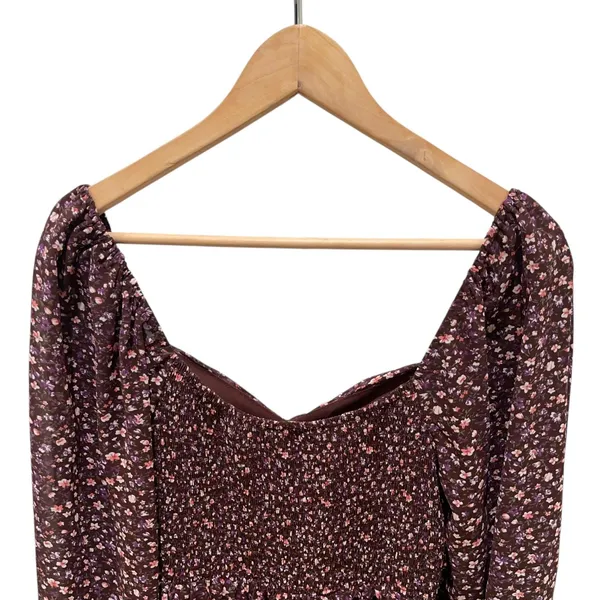 LUSH Boho Smocked Sweetheart Milkmaid Dress in Brown Berry Floral - Image 9