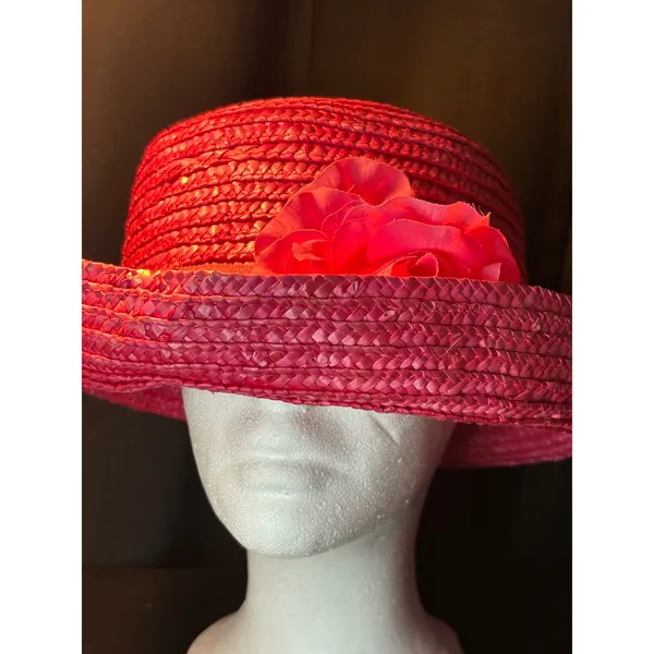Vintage Magenta Pink Straw Sun Hat Wide Brim Floral‎ Ribbon Accent Summer Beach - Image 2