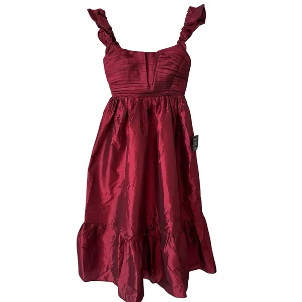 NWT Lulus Poised Passion Wine Red Taffeta Pleated Ruffled Midi Dress Size Small - Image 4