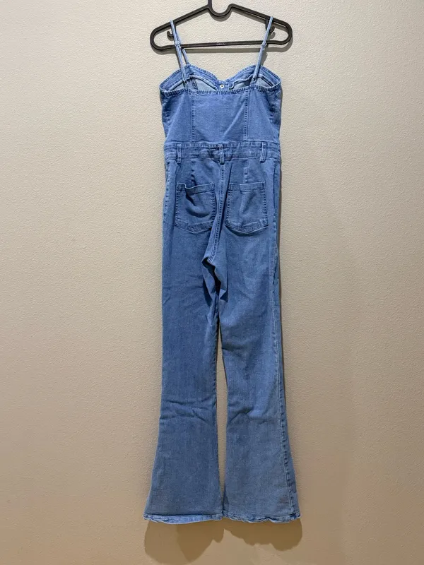 West Of Melrose Denim Flare Jumpsuit Size S - Image 4
