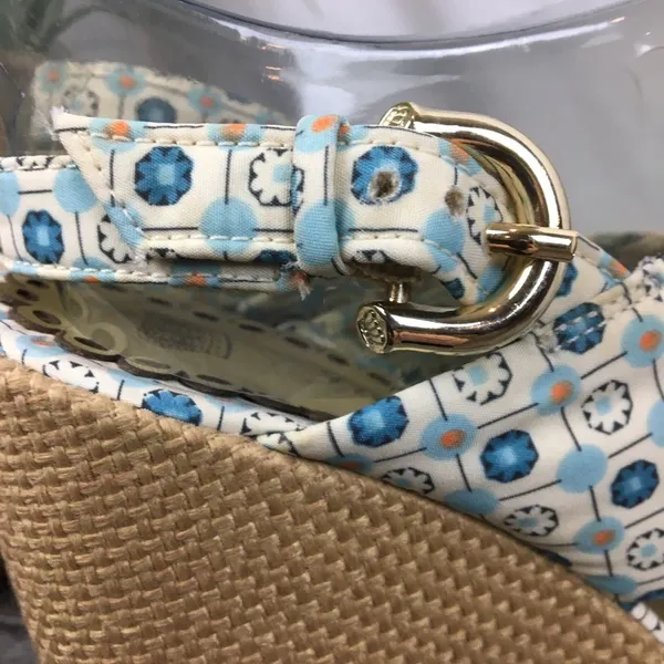 Juicy Couture Blue & Tan Print Fabric Platform Wedge Espadrille Sandal Shoes 7.5 - Image 6