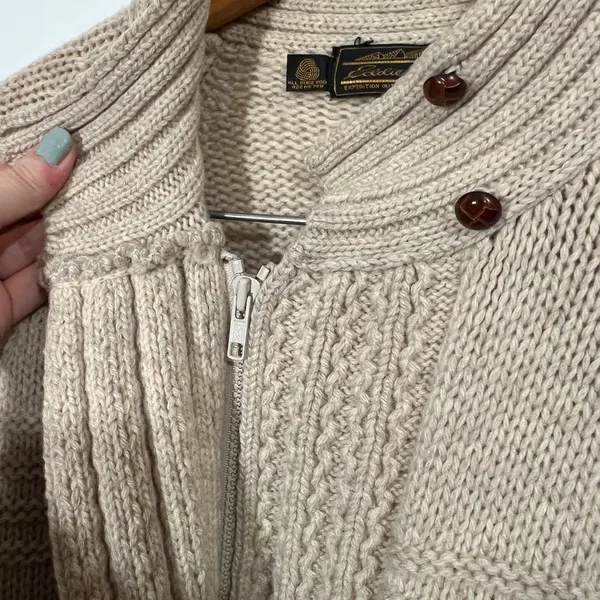 Vintage 100% Wool Sweater Eddie Bauer Tan Zip-Up Cardigan Pockets Size Medium - Image 5