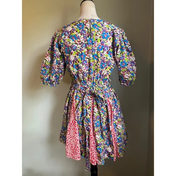 MELLODAY Whimsi boho cottage Mixed Puff‎ Sleeve Mini Dress Multi dainty floral blue M Red - Image 3