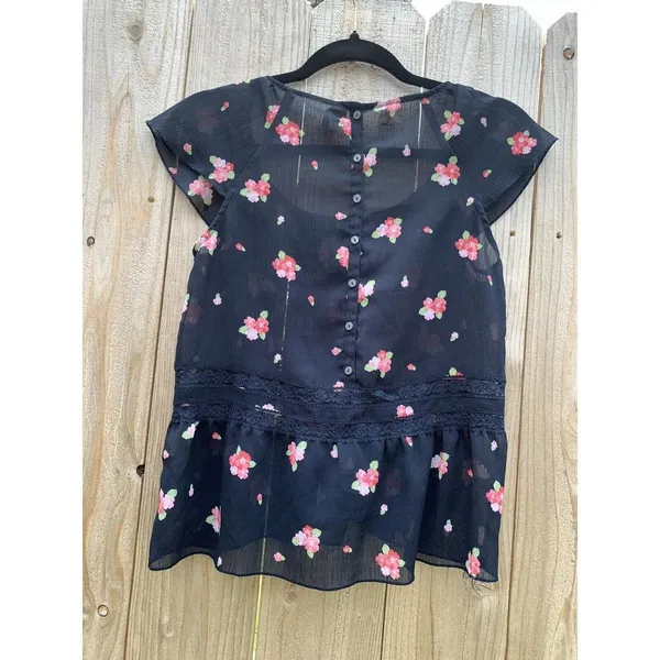 Abercrombie & Fitch Fluttery Floral Airy Short Sleeve Blouse Shirt Xs‎ Navy - Image 8