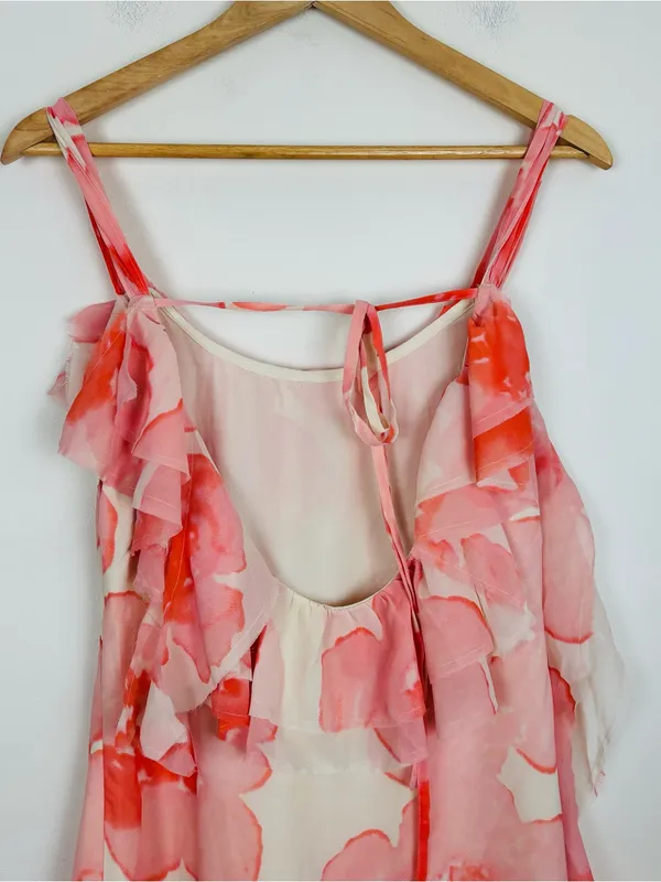 NWT ASOS Chiffon Bold Floral Romantic Ruffle Midi Dress White and Peachy Pink 6 - Image 5