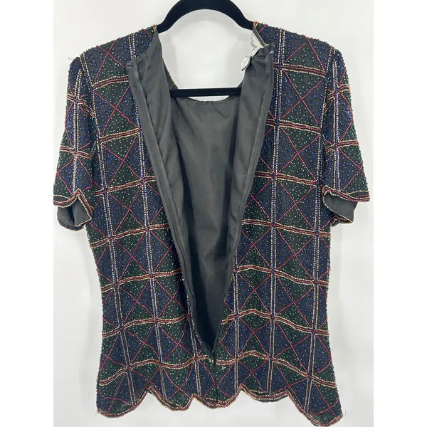 VTG Stenay Silk‎ Holiday Beaded Blouse Short Sleeve Embellished Women's Top L - Image 3