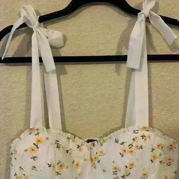 White with yellow floral mini dress, sweetheart, boho, festival, cottagecore - Image 2