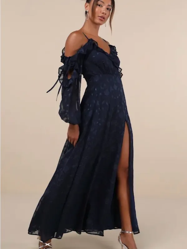 Lulus Pleasant Aura Navy Blue Floral Burnout Cold-shoulder Maxi Dress - Size S - Image 4