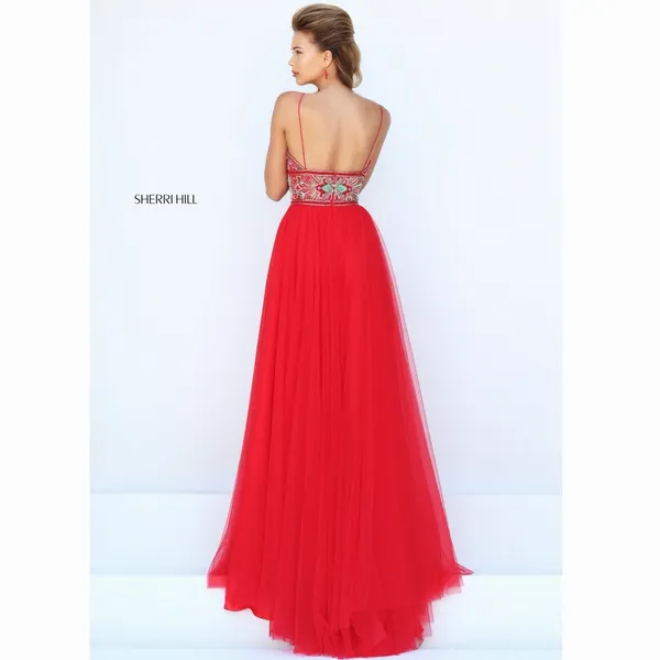 Sherri Hill 50474 A Line Maxi Formal Dress Red Pink Tulle 2 Beaded Homecoming - Image 3