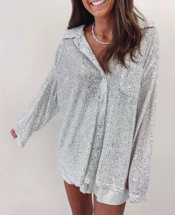 Boutique Indie Collection Silver Sequin Button Down - Image 4