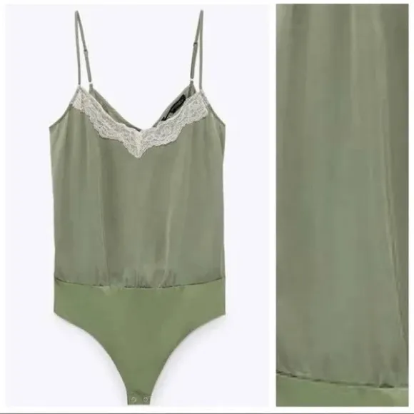 NWT green‎ silk bodysuit lace trim - Image 2