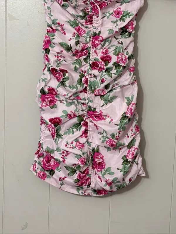 Hello Molly Find An Oasis Mini Dress Pink Floral Puff Sleeve Ruched Size M NWT - Image 5