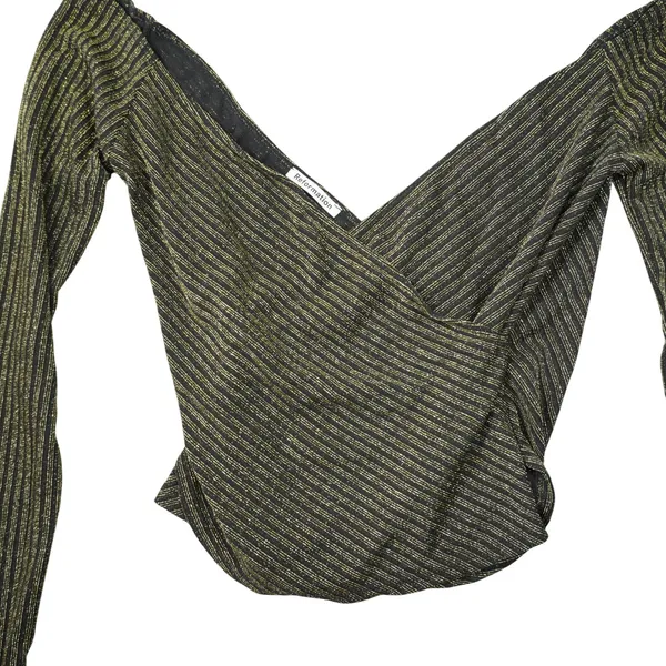 Reformation Gold Metallic Off Shoulder Wrap Crop Top Black Shimmer Long Sleeve S - Image 4