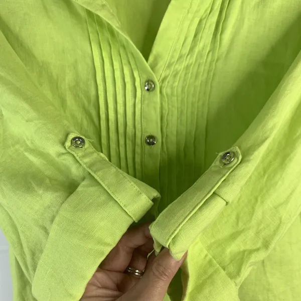 Rafaella Size S Linen Tunic Top Shirt Roll Tab Sleeve Neon Green Button Front - Image 7
