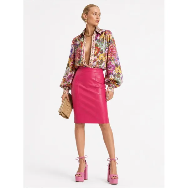 Vakko Vintage Hot Pink Red Leather Pencil Skirt Size 8 High Waist Midi Minimal - Image 9