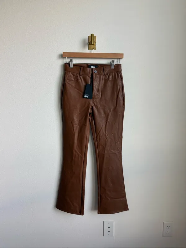 PAIGE Claudine Ankle Flare Faux Leather Pants Dark Argan Brown Size 25 NWT - Image 2