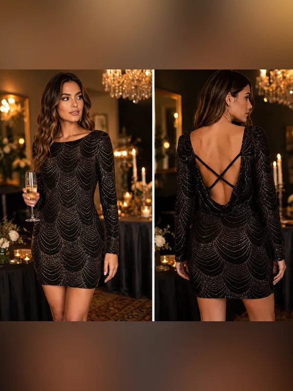 Privy Black Glitter Open Back Bodycon Mini Dress Long Sleeve Party Cocktail M - Image 2