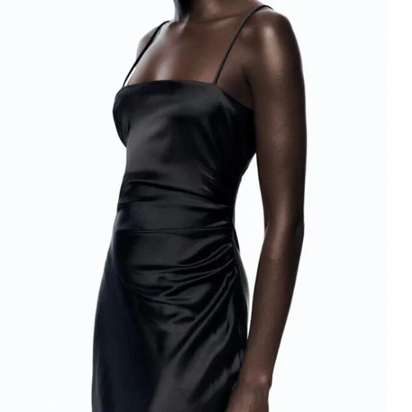 Zara Black Silk Satin Spaghetti Strap Cami Camisole Midi Tank Slip Dress Size M - Image 5