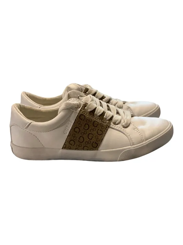 GUESS Los Angeles Women’s White Low-Top Laced Sneakers with Brown Monogram Stripe Panel - Image 3